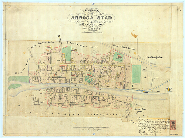 Konceptkarta öfver Arboga stad uti Westmanland. Upprättad år 1879 af A.G.Hillbom.