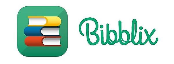 Bibblix logotyp: Till vänster en grön ikon med tre böcker i en trave. Till höger grön skrivstil med texten Bibblix.