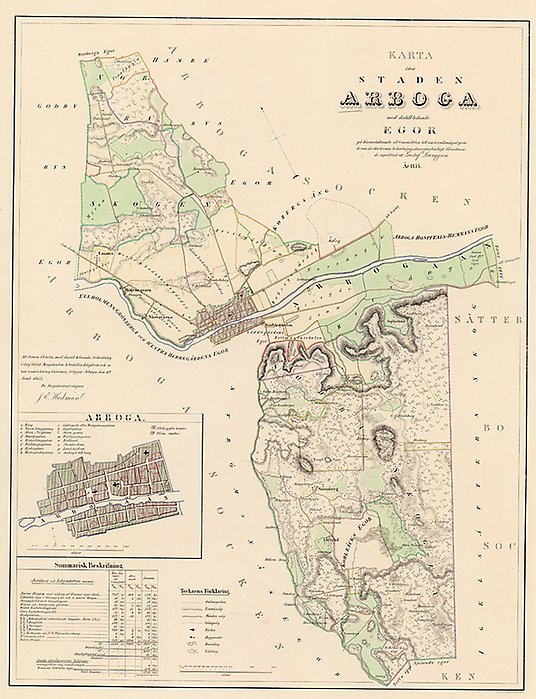 Karta öfver staden Arboga med dertill lydande egor på föranstaltande af Committéen till undersökning af Städernas beskattning, efter vederbörligt förordnande upprättad af Gustaf Liunggren År 185